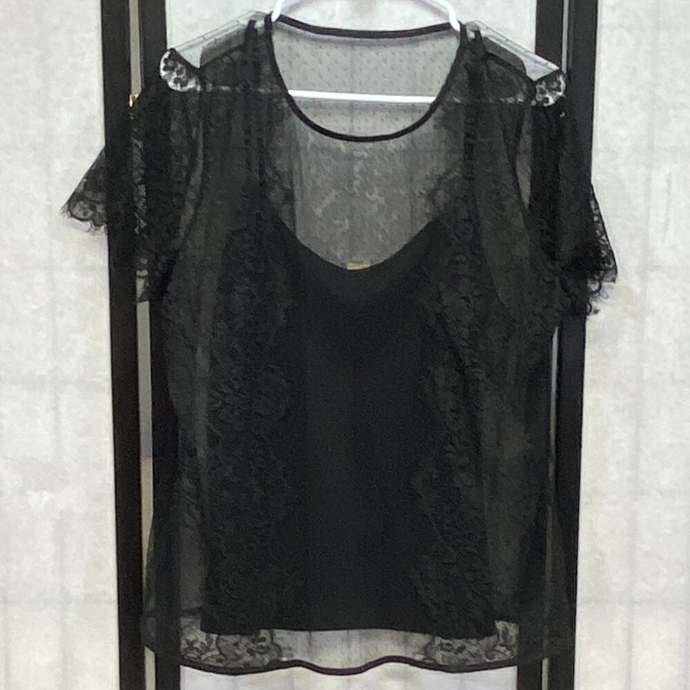 Worthington Black Sheer Dot Mesh Lace Short Sleeve Top & Camisole Dressy Blouse